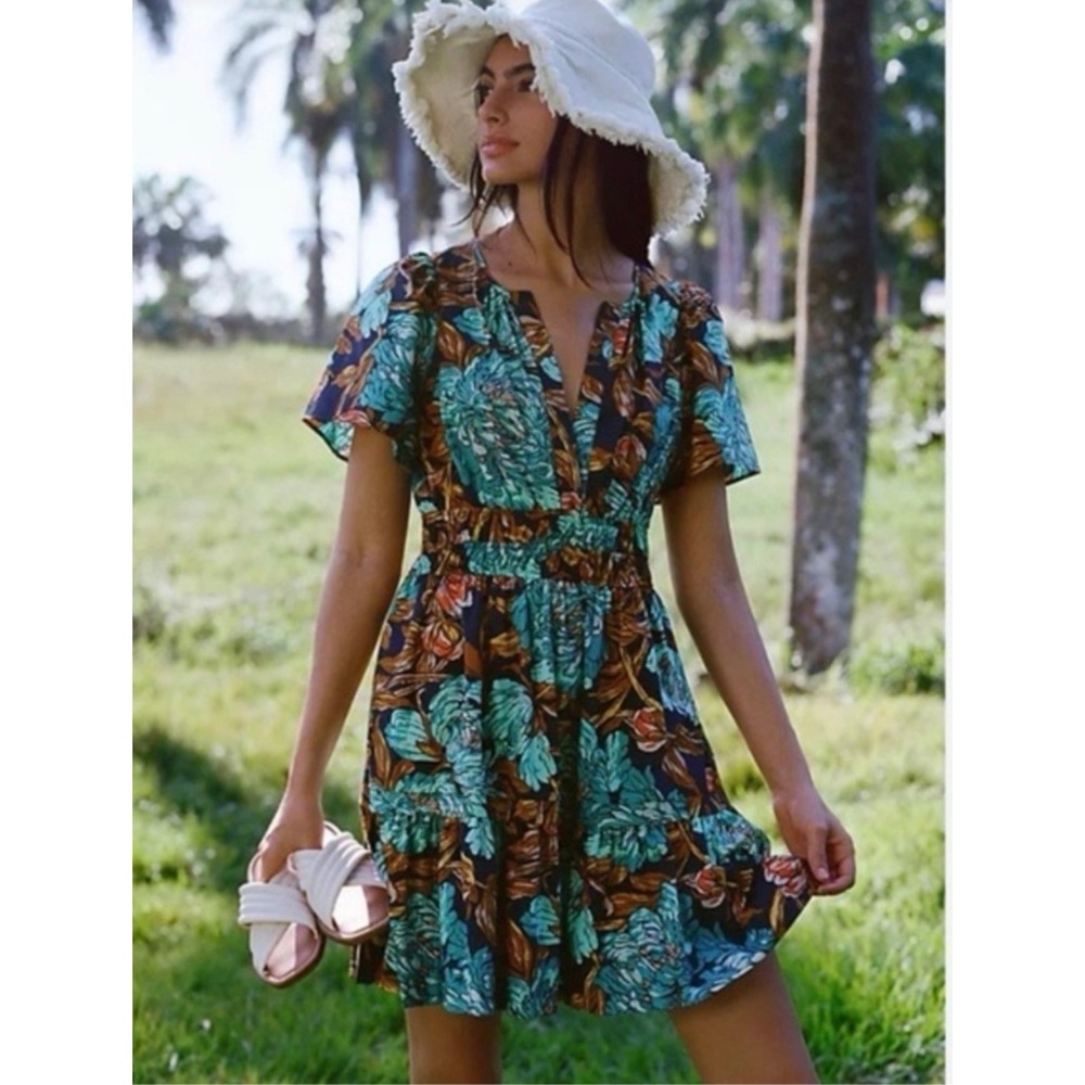 Anthropologie Somerset Floral Smocked Waist Mini Dress Botanical Blue Large
